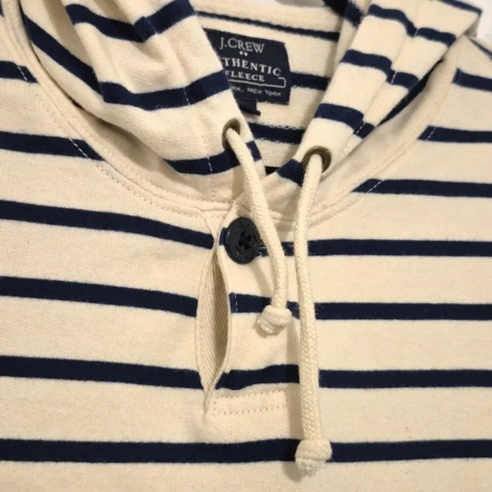 J.Crew Authentic Fleece Hooded Shirt M Striped Hoodie Navy Cream Cotton Pullover